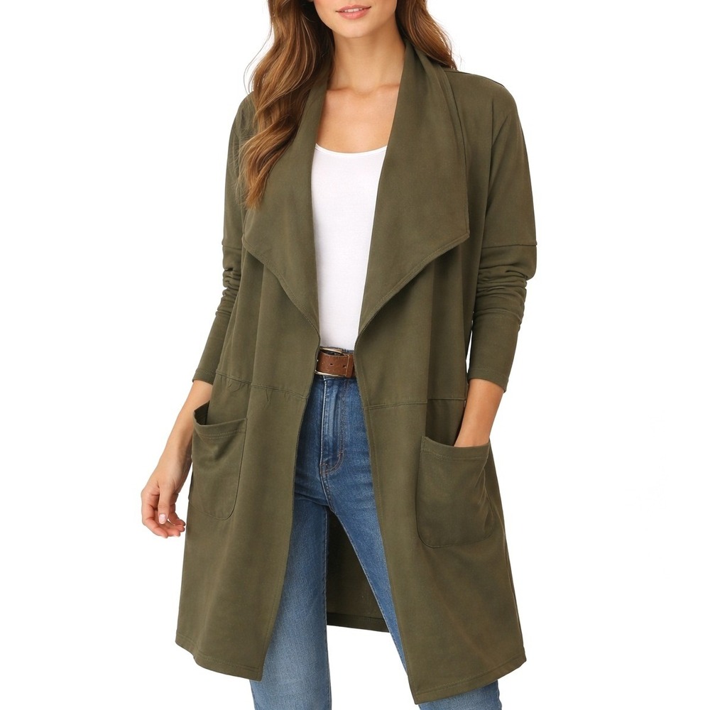 Vernacular Womens Olive Green Open Front Shawl Collar‎ Cardigan Thumbholes Small